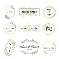 Casamento convite rótulos. minimalista floral folhas quadros, elegante dourado casamento cartão e Salve  a encontro ouro rótulo vetor conjunto