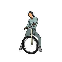 uma mulher usar uma bicicleta dentro contínuo linha arte desenhando estilo. Projeto com minimalista Preto linear Projeto isolado em branco fundo. esporte temas vetor ilustração