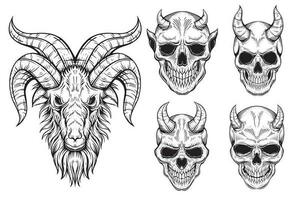 conjunto agrupar Sombrio arte gótico crânio demônio chifre vintage tatuagem ossos dentro mão desenhando estilo vetor