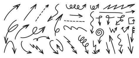 conjunto do Preto mão desenhado seta elemento vetor. coleção do rabisco Setas; flechas, linhas, símbolo, formas em branco fundo. simples ícone ilustração para Educação, decoração, mapa. vetor