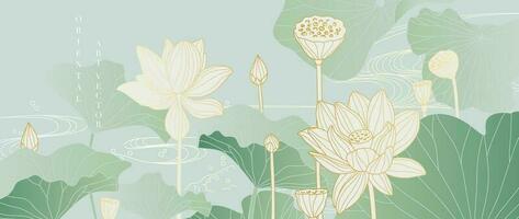 luxo oriental flor fundo vetor. elegante branco lótus flores dourado linha arte, folhas, gradiente cor. japonês e chinês ilustração Projeto para decoração, papel de parede, poster, bandeira, cartão. vetor