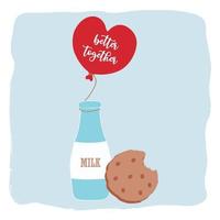 cartão ilustrado plano de dia dos namorados inclui uma garrafa de leite com fundo azul claro com um biscoito e um balão vermelho vetor