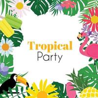 fundo abstrato festa tropical com folhas de palmeira, flores de flamingo e tucano vetor