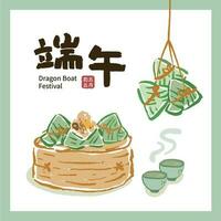 Dragão barco festival bandeira Projeto e arroz dumplings com bambu vaporizador vetor ilustração.