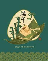 Dragão barco festival Projeto com arroz dumplings e bambu em verde fundo vetor ilustração.