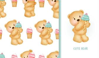cartão de aniversário sem costura padrão com fofo urso de pelúcia segurando um sorvete vetor