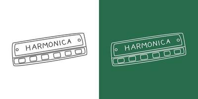 harmônica linha desenhando desenho animado estilo. sopro instrumento harmônica clipart desenhando dentro linear estilo isolado em branco e quadro-negro fundo. musical instrumento clipart conceito, vetor Projeto