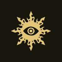 ouro mandala tribal flamejante Sol símbolo logotipo em Preto fundo. estêncil decalque tatuagem Projeto. plano vetor ilustração.