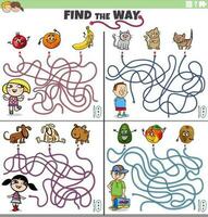 encontrar a caminho Labirinto jogos conjunto com desenho animado crianças com animais de estimação e fruta vetor