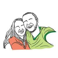 feliz rindo casal levando selfies, sorridente junto, casal vetor desenhando