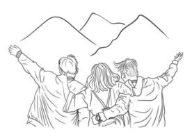 grupo do três homem e mulher amigos torcendo ao ar livre aventura, em pé e desfrutando a Colina visualizar, natural lindo montanha panorama linha arte vetor ilustração