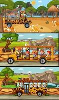 conjunto de diferentes cenas horizontais de safári com animais e personagens de desenhos animados infantis vetor