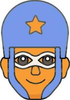 laranja e azul Super heroi capacete vestindo homem face plano ícone ou símbolo. vetor