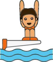 desenho animado Garoto em pé em mergulho almofada dentro piscina colorida ícone. vetor