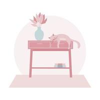 design de interiores de sala de estar com ilustração de gato dormindo e móveis