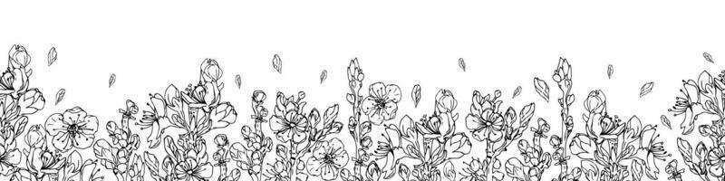 desatado Preto e branco têxtil floral fronteira. desenhado à mão cereja galhos. vetor