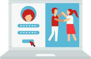 do utilizador Conecte-se casal dança local na rede Internet dentro computador portátil tela vermelho e azul ícone. vetor