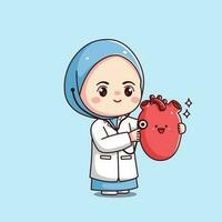 fofa cardiologista fêmea hijab médico segurando coração kawaii chibi plano delineado personagem vetor