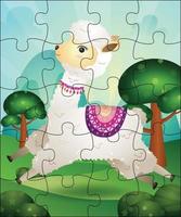 ilustração de jogo de quebra-cabeça para crianças com alpaca fofa vetor