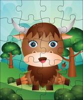 ilustração de jogo de quebra-cabeça para crianças com búfalo fofo vetor