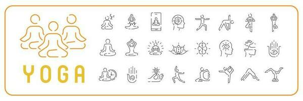 conjunto linha ícones do meditação e ioga. saudável estilo de vida esporte ou ginástica exercícios, alongamento vetor placa.