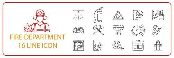 bombeiro e fogo departamento ícone definir. incluído a ícones Como fogo, bombeiro, queimar, emergência, Hidrante, alarme e mais. vetor