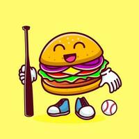 vetor ilustração do kawaii hamburguer desenho animado personagem com beisebol bastão e bola. vetor eps 10