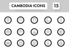 Preto linha arte conjunto do Camboja ícone dentro plano estilo. vetor