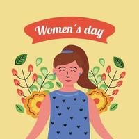 cartão de letras feliz dia das mulheres com mulher e flores vetor