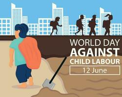 ilustração vetor gráfico do uma criança trabalho dentro uma campo e carrega uma saco, mostrando silhueta do crianças indo para escola, perfeito para internacional dia, mundo dia contra criança trabalho, comemoro.