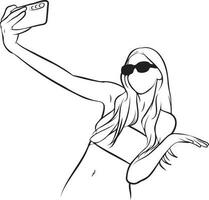 mulher segurando Câmera selfie linha desenho. vetor