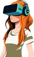 adorável jovem menina personagem vestindo vr fone de ouvido. generativo ai ilustração. vetor