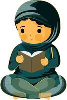 ilustração do jovem muçulmano mulher lendo Alcorão livro dentro sentado pose. vetor