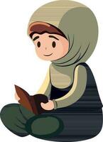 ilustração do jovem muçulmano mulher lendo Alcorão livro dentro sentado pose. vetor