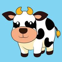 fofa vaca em pé e olhando dentro a Câmera. mão desenhado colori na moda vetor ilustração. engraçado personagem. desenho animado estilo. plano Projeto. Fazenda animais conceito. isolado em azul fundo