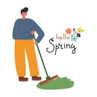 mão desenhada homem trabalha no jardim com um ancinho texto Olá primavera ilustração plana vetor