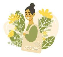 feliz sorridente mulher segurando eco saco vetor ilustração em floral fundo. Cuidado para a ambiente, eco amigáveis estilo de vida e zero desperdício conceito. plano desenho animado estilo