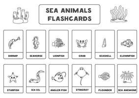 fofa desenho animado mar animais com nomes. Preto e branco. flashcards para Aprendendo inglês. vetor