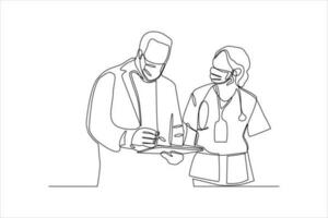 contínuo linha desenhando do médico e enfermeira vestindo máscaras vetor