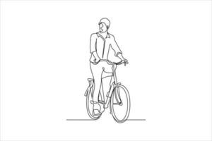 contínuo linha desenhando do pessoa equitação bicicleta vetor