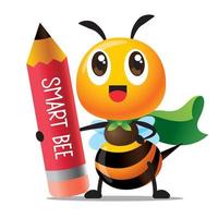 desenho animado fofa abelha inteligente com capa segurando um lápis vermelho gigante vetor