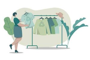 eco amigáveis roupas sustentável, mulher comprando reciclando têxtil, reciclar e de Meio Ambiente Cuidado conceito em moda. vetor Projeto ilustração.