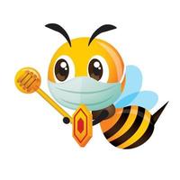 Desenho animado bonito abelha usando máscara cirúrgica protetora segurando escudo e concha de mel para se proteger contra vírus vetor