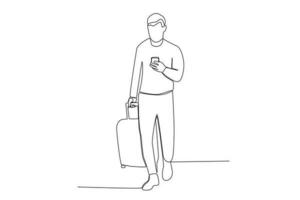 uma homem usa uma célula telefone enquanto carregando uma mala de viagem vetor