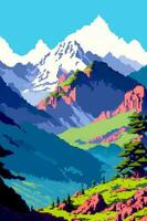 panorama 8 bits pixel arte. verão natural panorama montanha cenário videogames vídeo jogos fundo vetor