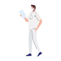 médico masculino usando máscara médica com documentos vetor