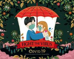 casal debaixo uma vermelho guarda-chuva luta coronavírus juntos com álcool spray vetor