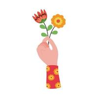 mão levantando lindas flores e decoração de folhas vetor