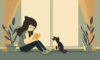 vetor ilustração do elegante menina personagem lendo uma livro com fofa gato, plantar vaso e cortinas em janela fundo.