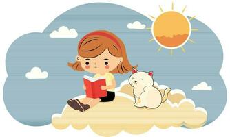 fofa menina personagem lendo uma livro perto gato sentado, nuvens em Sol azul e branco fundo. vetor